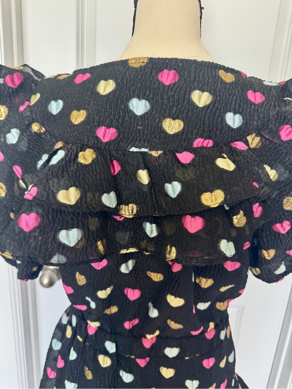Women’s Buddy Love Black Heart Print Ruffle Dress with Gold Accent - Picture 7 of 9